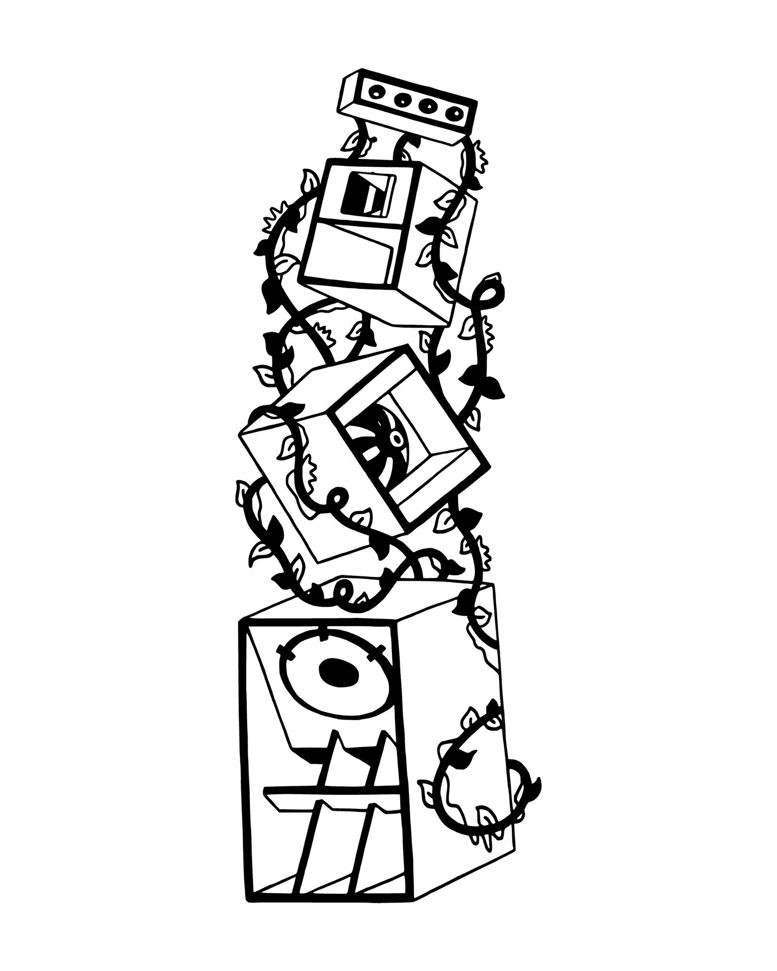 Illustration pour tatouage : une pile d'enceintes de sound system envahie par une plante grimpante