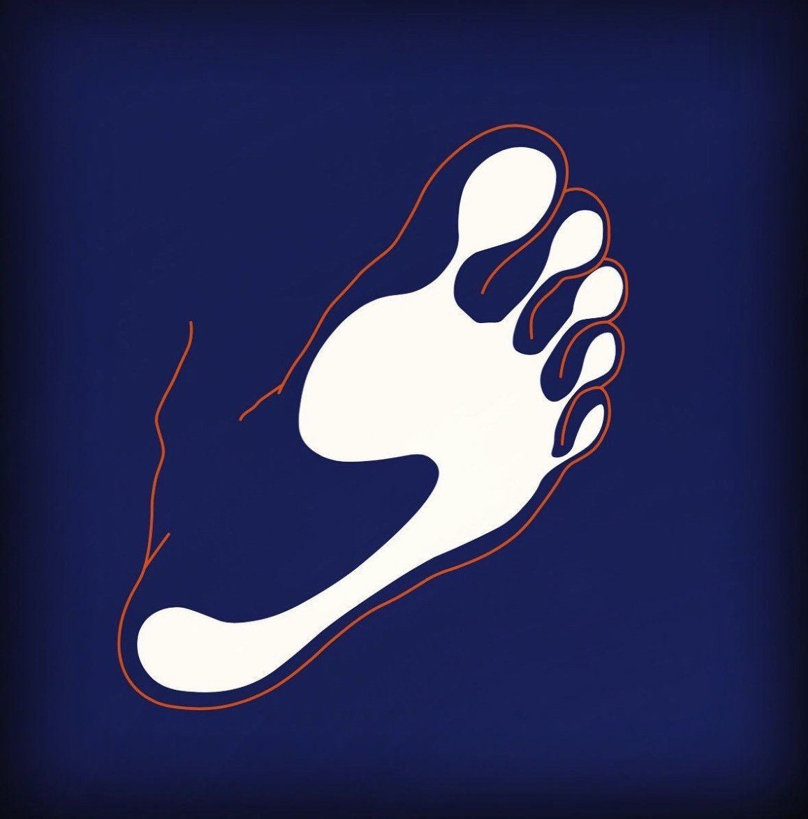 Logo pour un cabinet de podologie : une empreinte de pied blanche cernée d'un trait orange sur fond bleu nuit