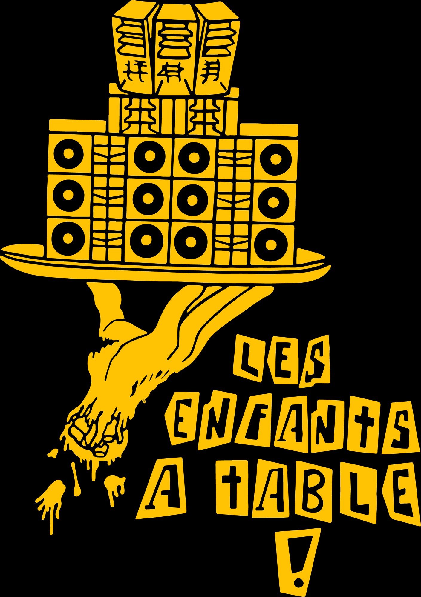 Visuel Les Enfants à table : une main qui porte un plateau chargé d'enceintes de sound system